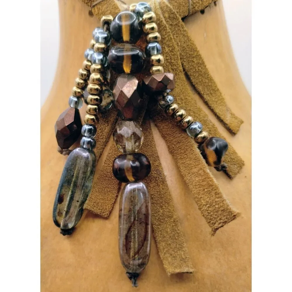 Handmade Gourd Vase Leather Wrapped Crystal Beads Fringe Folk Art Boho Artisian